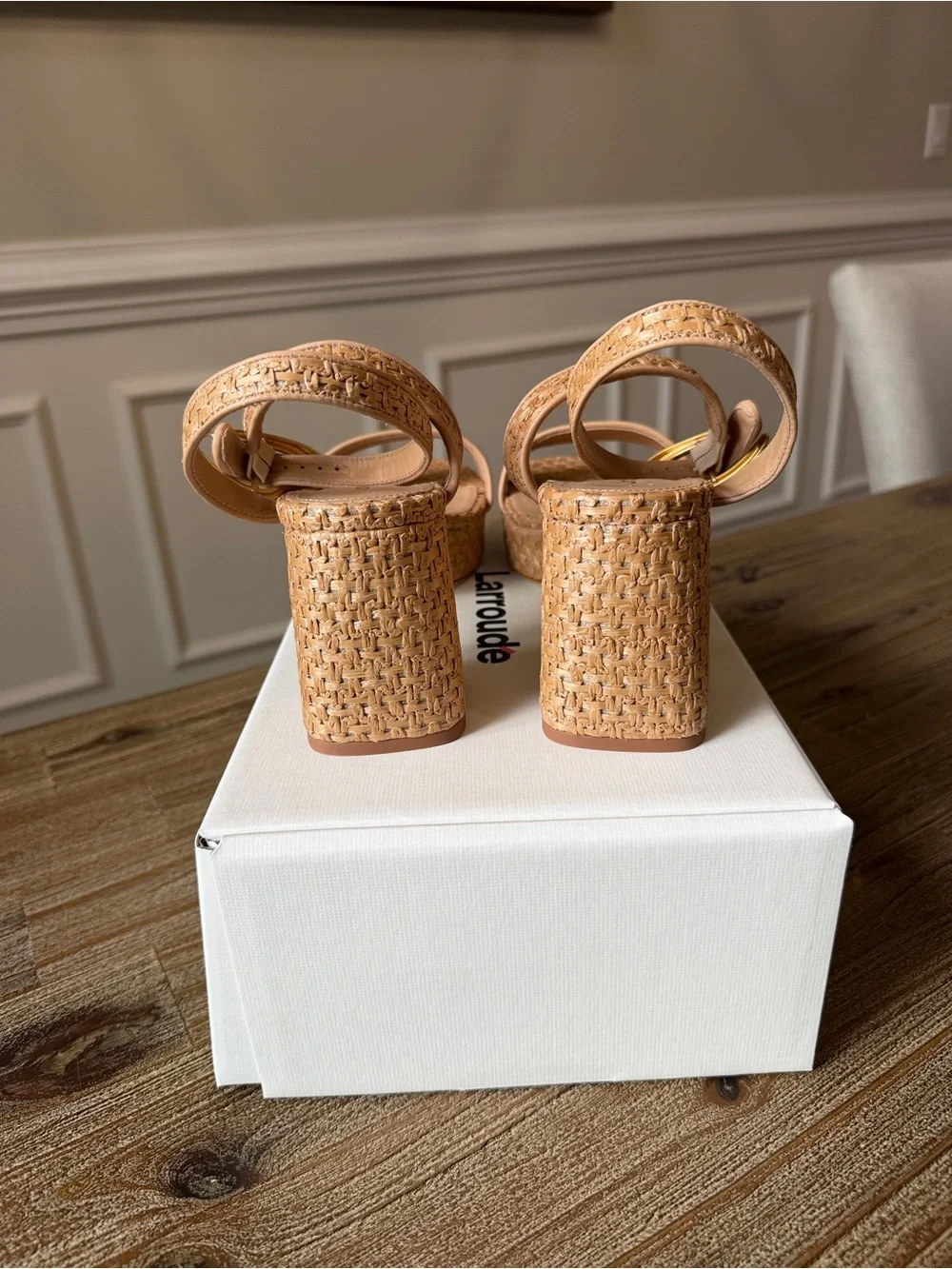 Larroude Dolly Verona Low Sandal - Woven Platform Sandal in Tan - 7- NWT